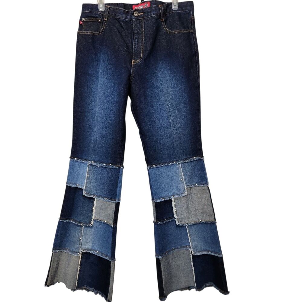 Vintage Y2K 90s Zana Di Patchwork Flare Hippie Jeans Size 13 Studded Denim Pants